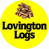 A circular yellow graphic with a pile of cut firewood logs at the top and the words 'Lovington Logs' in large black text across the center. The Logo